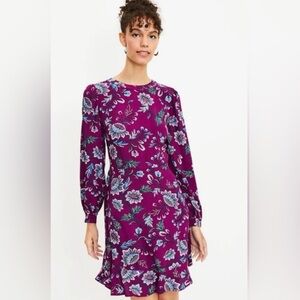 LOFT PLUM FLORAL PRINT LONG SLEEVE DRESS SIZE 2 TALL